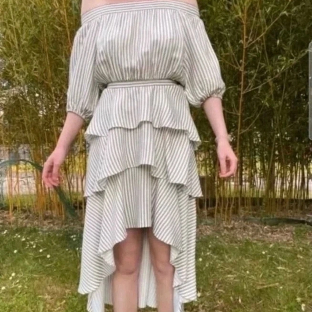 Maje Beige Striped Crepe Tiered Asymmetric Midi Dress Brand new